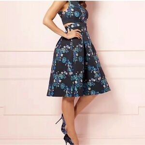 eva mendes for New York & Company Navy Floral Fit-and-Flare Midi Dress